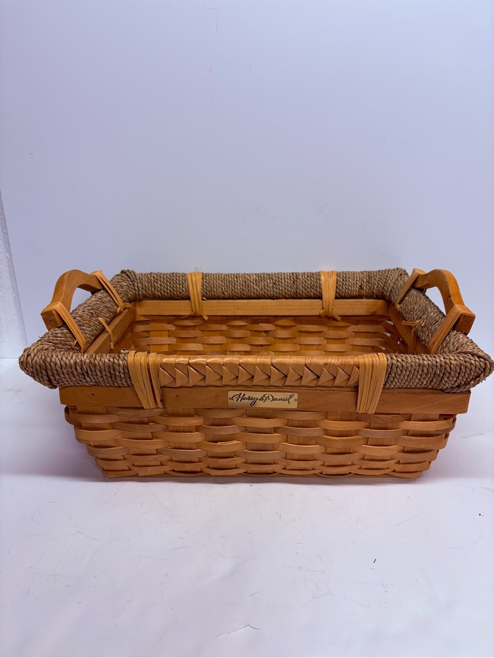 Harry & David Handwoven Rectangular Woven Basket in Natural Brown Wood Handles
